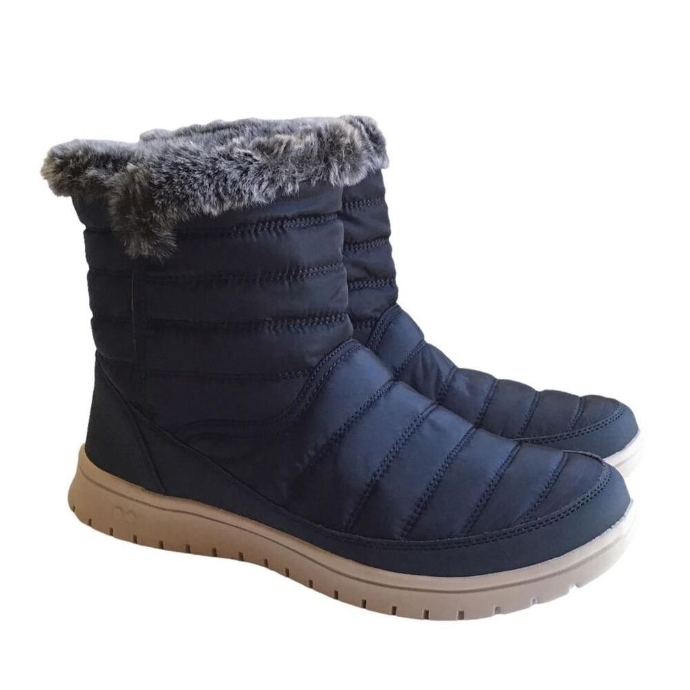 Ryka Snow Boots Womens 9.5 M Blue Suzy Quilted Water Repellant Faux Fur Vegan